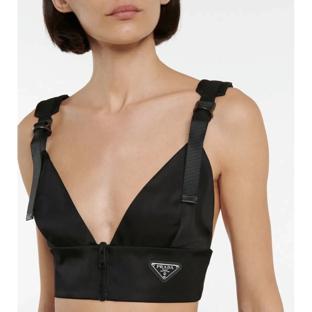 PRADA Sz Medium Re-Nylon Gabardine Zip Front Utility Straps Triangle Bra Top
